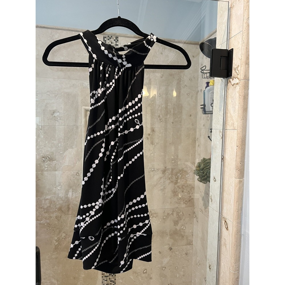 White House Black Market Pearl Print Tie Neck Halter Top Black White Small